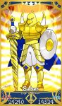  1boy armor armored_boots bird bird_man black_eyes boots card_(medium) card_parody chick commentary_request fate/grand_order fate_(series) food full_body gold_armor highres hiyoko-chan holding holding_weapon mascot nissin noodles pants parody ramen redrop serious servant_card_(fate/grand_order) shield signature solo sword weapon white_pants 