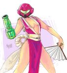  1girl anato0350 arm_cannon bare_arms bare_legs breasts cleavage commentary cosplay crossover fan fatal_fury helmet image_sample japanese_clothes kimono metroid obi red_kimono revealing_clothes rope samus_aran sash shiranui_mai shiranui_mai_(cosplay) solo the_king_of_fighters thighs twitter twitter_sample visor weapon 