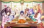  6+girls :3 animal_ears azuki_(sayori) black_hair blonde_hair blue_eyes blush bow breasts brown_eyes brown_hair cake cat_ears cat_tail chocola_(sayori) christmas cinnamon_(sayori) cleavage closed_eyes closed_mouth coconut_(sayori) eyebrows_visible_through_hair food game_cg gloves green_eyes hair_bow hairband heterochromia highres japanese_clothes kimono kneeling long_hair maple_(sayori) minazuki_shigure multiple_girls nekopara open_mouth pantyhose pleated_skirt ponytail purple_hair sayori school_uniform short_hair skirt tail turkey_(food) twintails vanilla_(sayori) violet_eyes white_hair younger yukata 