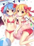  2girls anchor_symbol ass ball bare_arms bare_legs bare_shoulders barefoot bat_wings beachball beads bikini blue_hair blush bow breasts collarbone commentary_request crystal eyebrows_visible_through_hair feet_out_of_frame flandre_scarlet flower food from_behind front-tie_bikini front-tie_top hair_beads hair_between_eyes hair_bow hair_flower hair_ornament hair_ribbon hairclip halterneck hand_up highres holding holding_food ice_cream ice_cream_cone innertube leg_up long_hair looking_at_viewer looking_back multiple_girls navel no_hat no_headwear popsicle red_bikini red_bow red_flower red_ribbon remilia_scarlet ribbon ruhika seashell_hair_ornament short_hair siblings side-tie_bikini side_ponytail silhouette sisters small_breasts smile star starry_background stomach swimsuit thighs tongue tongue_out touhou white_background wings x_hair_ornament 