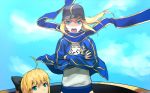  2girls ahoge artoria_pendragon_(all) black_bow blonde_hair blue_eyes blue_jacket blue_scarf blue_sky bow clothes_writing crossed_arms day eyebrows_visible_through_hair fate/grand_order fate_(series) floating_hair hair_bow jacket long_sleeves looking_at_viewer multiple_girls mysterious_heroine_x open_mouth outdoors parody ponytail saber_lily scarf shirt sky standing tengen_toppa_gurren_lagann white_shirt wind zonotaida 