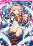  1girl akkijin blonde_hair blue_eyes blue_ribbon boots bow_(instrument) card_(medium) dress instrument looking_at_viewer music musical_note night night_sky official_art outdoors playing_instrument ribbon shinkai_no_valkyrie sky smile solo star star_(sky) starry_sky violin white_dress 