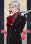  1boy animal animal_on_shoulder antonio_salieri_(fate/grand_order) bird bird_on_shoulder carnation cowboy_shot crow double-breasted fate/grand_order fate_(series) flower formal gem glasses gloves grey_hair holding holding_flower jewelry long_sleeves looking_at_viewer necklace pinstripe_suit red_eyes red_flower red_gloves sara_(kurome1127) silver_hair striped suit vertical_stripes 
