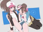  arm_support bangs baseball_cap black_legwear black_wristband blue_eyes breasts brown_hair cutoffs double_bun full_body hat heart hips itou_(very_ito) knees_up legwear_under_shorts long_hair long_sleeves mei_(pokemon) pantyhose pokemon pokemon_(game) pokemon_bw pokemon_bw2 reclining shirt shorts simple_background sitting smile spread_legs touko_(pokemon) visor_cap yellow_shorts yuri 