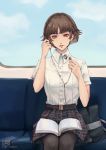  1girl 1o8k bag belt book brown_eyes brown_hair chair clouds earplugs looking_at_viewer niijima_makoto pantyhose persona persona_5 school_uniform shirt short_hair sitting skirt sky 