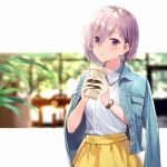  1girl alternate_costume blouse blurry blurry_background blush bokeh casual contemporary cup depth_of_field earrings eyebrows_visible_through_hair fate/grand_order fate_(series) fingers_together hair_between_eyes haru_(hiyori-kohal) jacket_on_shoulders jewelry lavender_hair mash_kyrielight outside_border parted_lips short_hair skirt starbucks violet_eyes watch watch 