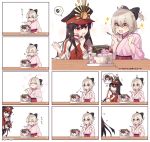  1boy 2girls ahoge black_bow blonde_hair blush bow cake comic eating fate/grand_order fate_(series) food hair_bow hakama hat japanese_clothes kimono koha-ace long_hair long_sleeves meiji_schoolgirl_uniform military_hat multiple_girls oda_nobukatsu_(fate/grand_order) oda_nobunaga_(fate) oda_nobunaga_(swimsuit_berserker)_(fate) oda_uri okita_souji_(fate) okita_souji_(fate)_(all) omi_(tyx77pb_r2) open_mouth pink_hakama pink_kimono ponytail red_eyes short_hair silent_comic upper_body wide_sleeves yellow_eyes 