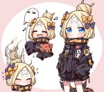  1girl :d abigail_williams_(fate/grand_order) absurdres animal_print bangs black_bow black_jacket blonde_hair blue_eyes bow bug butterfly closed_eyes closed_mouth commentary_request facing_viewer fate/grand_order fate_(series) hair_bow hair_bun highres insect jacket jako_(jakoo21) long_hair long_sleeves looking_at_viewer medjed multiple_views object_hug open_mouth orange_bow parted_bangs polka_dot polka_dot_bow sleeves_past_fingers sleeves_past_wrists smile stuffed_animal stuffed_toy suction_cups teddy_bear tentacle tiger_print very_long_hair 