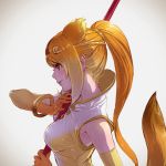  1girl animal_ears backlighting bangle between_breasts blonde_hair bracelet breasts elbow_gloves extra_ears from_side gloves gold_trim golden_snub-nosed_monkey_(kemono_friends) gradient_hair head_tilt highres holding holding_staff jewelry kemono_friends long_hair medium_breasts monkey_ears monkey_girl monkey_tail multicolored_hair nape nose orange_hair ponytail profile smile solo staff tail takami_masahiro upper_body white_hair 