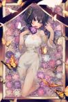  1girl afloat bangs bare_shoulders barefoot black_hair blue_flower breasts bug butterfly butterfly_hair_ornament cleavage collarbone flower from_above grey_kimono hair_ornament head_tilt highres holding holding_flower insect long_sleeves lying medium_breasts off_shoulder on_back open_mouth original purple_flower sharp_teeth shiny shiny_skin shirako_sei short_hair short_twintails solo teeth tongue tongue_out twintails violet_eyes water wide_sleeves 