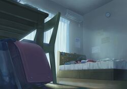  1girl ahoge alarm_clock backpack bag bed black_hair chair clock closed_eyes curtains facing_away hirose_yuki indoors original randoseru scenery short_hair sleeping solo table 