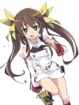  1girl brown_hair detached_sleeves eyebrows_visible_through_hair fang green_eyes hair_ribbon huang_lingyin infinite_stratos ixy long_hair looking_at_viewer open_mouth ribbon simple_background solo standing standing_on_one_leg uniform white_background yellow_ribbon 