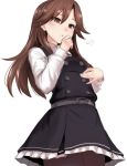  1girl arashio_(kantai_collection) black_belt black_dress blush brown_eyes brown_hair dress frilled_dress frills hand_on_own_stomach hand_to_own_mouth kantai_collection long_hair pantyhose parted_lips pinafore_dress shirt simple_background solo standing suspenders upper_body utopia white_background white_shirt 