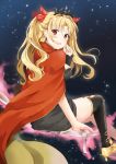  1girl :d bangs black_dress black_legwear blonde_hair blush breasts cape commentary_request dress ereshkigal_(fate/grand_order) fate/grand_order fate_(series) hair_ribbon highres large_breasts long_hair looking_at_viewer looking_back multicolored multicolored_cape multicolored_clothes open_mouth parted_bangs pixiv_fate/grand_order_contest_2 red_cape red_eyes red_ribbon ribbon sidukisaika single_sleeve single_thighhigh smile solo thigh-highs tiara tohsaka_rin two_side_up yellow_cape 
