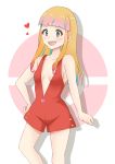  1girl :d aqua_eyes bangs bare_shoulders blonde_hair blunt_bangs breasts gradient_hair green_eyes hand_on_hip heart kamikitayotsuba long_hair looking_at_viewer medium_breasts multicolored_hair naked_overalls no_bra open_mouth overalls pink_hair pokeball_symbol pokemon pokemon:_minna_no_monogatari pokemon_(anime) pokemon_(game) risa_(pokemon) smile solo standing 