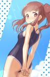  1girl :o arms_behind_back ass bangs bare_arms bare_shoulders blue_sky blue_swimsuit blush breasts brown_eyes brown_hair commentary_request cowboy_shot day eyebrows_visible_through_hair from_behind idolmaster idolmaster_cinderella_girls light_rays long_hair looking_at_viewer looking_back mashou_boy ogata_chieri one-piece_swimsuit open_mouth outdoors own_hands_together polka_dot side_ponytail sidelocks sky small_breasts solo sparkle sunbeam sunlight swimsuit 