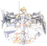  1girl armor artist_request azur_lane blonde_hair blue_eyes blush breasts closed_mouth eyebrows_visible_through_hair full_body hair_bun highres holding holding_sword holding_weapon jeanne_d&#039;arc_(azur_lane) large_breasts looking_at_viewer official_art short_hair solo sword thigh-highs transparent_background weapon white_legwear 