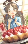  +_+ 1girl bangs bionekojita blue_ribbon blue_shirt blush brown_eyes brown_hair chair cream eating eyebrows_visible_through_hair food fork fruit hair_ribbon highres holding holding_fork idolmaster idolmaster_cinderella_girls idolmaster_cinderella_girls_starlight_stage indoors long_hair looking_at_viewer neck_ribbon open_mouth parfait parted_bangs pie plaid plaid_shirt plate ribbon round_teeth shirt short_sleeves sitting solo strawberry table tachibana_arisu teeth upper_body 