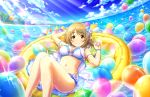  1girl balloons beach bikini blush brown_eyes brown_hair idolmaster idolmaster_cinderella_girls idolmaster_cinderella_girls_starlight_stage mimura_kanako short_hair smile 