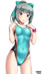  1girl alternate_hairstyle aqua_swimsuit artist_name brown_eyes competition_swimsuit covered_navel dated flat_chest grey_hair highres kantai_collection looking_down one-piece_swimsuit open_mouth ponytail short_hair simple_background solo standing swimsuit thigh_gap tsuchimiya white_background wristband yuubari_(kantai_collection) 
