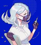  1girl black_gloves blue_background buttons constricted_pupils dangan_ronpa dangan_ronpa_3 flipped_hair gloves grey_hair holding holding_syringe kimura_seiko looking_to_the_side sara_(kurome1127) shirt short_hair short_sleeves silver_hair surgical_mask sweatdrop syringe twitter_username upper_body white_shirt 