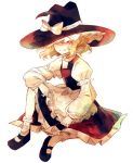  1girl apron arm_on_knee artist_request blonde_hair frills grin hat hat_over_one_eye kirisame_marisa looking_at_viewer short_hair sitting smile solo touhou wavy_hair white_background witch witch_hat yellow_eyes 