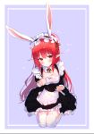  1girl aak animal_ears apron black_dress blush brown_eyes detached_collar dress dungeon_and_fighter garter_straps highres long_hair mage_(dungeon_and_fighter) maid maid_headdress pointy_ears rabbit_ears redhead sitting solo thigh-highs waist_apron white_legwear 