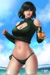  1girl artist_name bangs bare_shoulders bikini bikini_bottom black_hair blue_sky breasts cleavage cleavage_cutout clothes_lift day dress drink earrings fubuki_(one-punch_man) green_eyes iury_padilha jewelry large_breasts meme_attire navel ocean one-punch_man open-chest_sweater pinky_out short_hair side-tie_bottom sky solo sweater sweater_dress sweater_lift swimsuit wading 