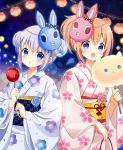  2girls :d bangs blue_eyes blue_flower blue_hair blue_kimono blue_rose blush brown_hair bunny_mask candy_apple cherry_blossom_print chestnut_mouth commentary_request cotton_candy double_bun eyebrows_visible_through_hair fingernails floral_print flower food gochuumon_wa_usagi_desu_ka? hair_between_eyes highres holding holding_food hoto_cocoa japanese_clothes kafuu_chino kimono long_sleeves mask mask_on_head multiple_girls obi open_mouth outdoors parted_lips pink_flower pink_rose print_kimono revision rose ryoutan sash side_bun smile violet_eyes white_kimono wide_sleeves yukata 