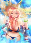  1girl absurdres adjusting_clothes adjusting_hat animal_ears artist_request bikini blue_bikini blush breasts cleavage collarbone covered_navel day ears_through_headwear fate/grand_order fate_(series) fox_ears hat highres large_breasts looking_at_viewer ocean outdoors pink_hair side-tie_bikini solo straw_hat swimsuit tamamo_(fate)_(all) tamamo_no_mae_(swimsuit_lancer)_(fate) yellow_eyes 