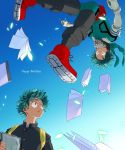 1boy blue_sky boku_no_hero_academia book buttons elbow_gloves freckles gauntlets gloves green_eyes green_hair happy_birthday highres kasumiougi looking_at_another midoriya_izuku open_book parted_lips red_footwear school_uniform sky smile spiky_hair tears white_gloves 