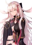  1girl black_legwear breasts fate/grand_order fate_(series) hair_ribbon hakuishi_aoi large_breasts long_hair looking_at_viewer okita_souji_(alter)_(fate) okita_souji_(fate)_(all) ribbon sitting solo thigh-highs under_boob very_long_hair white_hair yellow_eyes 