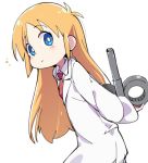  1girl arms_behind_back blue_eyes cowboy_shot eyebrows_visible_through_hair from_side ixy labcoat long_hair long_sleeves looking_at_viewer necktie nichijou orange_hair professor_shinonome red_neckwear simple_background solo tareme white_background winding_key 