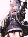  1girl absurdres assault_rifle bangs bike_shorts black_shorts blunt_bangs breasts dress dual_wielding eyebrows_visible_through_hair facial_mark girls_frontline gloves green_eyes grenade_launcher gun h&amp;k_hk416 hair_ornament hair_ribbon hat headgear heckler_&amp;_koch highres hk416_(girls_frontline) holding holding_gun holding_weapon iron_cross jacket long_hair looking_at_viewer medium_breasts mini_hat mod3_(girls_frontline) name_tag open_clothes open_jacket ribbon rifle short_dress shorts shorts_under_dress silver_hair skell.b snap-fit_buckle solo teardrop very_long_hair weapon 