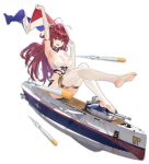  1girl ahoge arm_up armpits azur_lane barefoot bikini_bottom breasts cannon cross elbow_gloves eyebrows_visible_through_hair fang feet flag floating french_flag full_body gloves green_eyes hair_ornament hand_up holding holding_flag large_breasts leg_up long_hair looking_at_viewer machinery mr_cloud no_shoes official_art open_mouth propeller redhead sideboob sitting sleeveless soles solo stirrup_legwear surcouf_(azur_lane) thigh-highs toeless_legwear toes torpedo transparent_background turret white_gloves white_legwear 