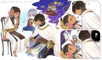  &gt;_&lt; 1girl 2boys aladdin_(disney) bangs blunt_bangs brown_hair cape cinderella dark_skin dark_skinned_male disney dress earrings egyptian fate/grand_order fate/prototype fate/prototype:_fragments_of_blue_and_silver fate_(series) flower gauntlets grey_hair hair_flower hair_ornament imminent_kiss jewelry lying moon moses_(fate/prototype_fragments) multiple_boys nefertiti_(fate/prototype_fragments) night night_sky omi_(tyx77pb_r2) on_back parody pink_eyes pink_flower shoes silver_hair single_shoe sky sleeping_beauty sunglasses white_cape white_dress yellow_eyes 