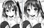  1girl :o blush bow breasts cleavage copyright_request detached_collar greyscale hair_bow hair_ribbon large_breasts looking_at_viewer maid_headdress mokufuu monochrome multiple_views ribbon smile twintails work_in_progress 