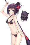  1girl animal arm_up bangs bare_arms bare_shoulders bikini black_bikini blush breasts calligraphy_brush cleavage commentary_request eyebrows_visible_through_hair fate/grand_order fate_(series) groin hair_bun hair_ornament harimoji holding holding_paintbrush katsushika_hokusai_(fate/grand_order) looking_at_viewer medium_breasts octopus oversized_object paintbrush parted_lips purple_hair simple_background solo swimsuit violet_eyes white_background 
