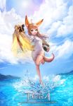  1girl ahoge animal_ears arm_up artist_request blue_eyes brown_hair clenched_hands clouds copyright_name dog_ears dog_tail dress elin_(tera) full_body gauntlets highres leg_up long_hair official_art open_mouth shoes short_dress sky solo splashing standing standing_on_liquid standing_on_one_leg tail tera_online thigh_strap water 