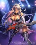  1girl bangs bare_shoulders boots breasts commentary_request copyright_name cuboon dark_skin elbow_gloves electric_guitar eyebrows_visible_through_hair fingerless_gloves gloves guitar holding instrument large_breasts lips long_hair midriff mouth_hold official_art plectrum shiny shiny_clothes shiny_skin short_shorts shorts silver_hair sleeveless solo stage stage_lights thigh-highs thigh_boots venus_rumble very_long_hair violet_eyes 