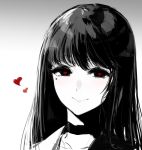  1girl blush choker commentary gradient gradient_background grey_background greyscale heart heart-shaped_pupils hometa long_hair looking_at_viewer mole mole_under_eye monochrome original portrait smile solo spot_color symbol-shaped_pupils symbol_commentary 