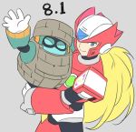  2boys ^_^ android block_man blonde_hair blue_eyes carrying closed_eyes closed_eyes commentary english_commentary grey_background helmet jiayu_long male_focus multiple_boys robot rockman rockman_10 rockman_zero simple_background smile waving zero_(rockman) 