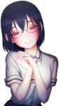  1girl asobi_asobase black_hair black_skirt blush breasts brown_eyes closed_mouth collared_shirt glasses head_tilt highres large_breasts looking_at_viewer necktie nomura_kasumi own_hands_together pleated_skirt semi-rimless_eyewear shirt short_sleeves skirt smile solo tsiox under-rim_eyewear white_background white_shirt wing_collar 