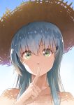  1girl aqua_hair closed_mouth eyebrows_visible_through_hair gradient gradient_background green_eyes hair_between_eyes hair_ornament hairclip hat highres kantai_collection long_hair looking_at_viewer straw_hat suzuya_(kantai_collection) yamakou_(yamakou_e2) 