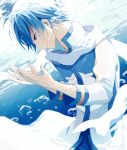  1boy air_bubble blue_eyes blue_hair bubble coat happy kaito light_smile looking_down male_focus nokuhashi profile scarf short_hair smile sunlight underwater vocaloid 