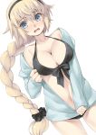  1girl bangs bare_shoulders bikini black_bikini black_hairband black_scrunchie blonde_hair blue_eyes blue_jacket blush braid breasts cleavage commentary_request eyebrows_visible_through_hair fate/apocrypha fate/grand_order fate_(series) gluteal_fold hair_between_eyes hair_ornament hair_scrunchie hairband highres jacket jeanne_d&#039;arc_(fate) jeanne_d&#039;arc_(fate)_(all) large_breasts long_hair long_sleeves navel nose_blush off_shoulder open_clothes open_jacket open_mouth rin2008 scrunchie sleeves_past_wrists solo swimsuit very_long_hair 