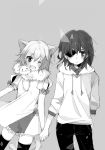  2girls alternate_costume animal_ears bow cat cat_ears cat_tail commentary_request cowboy_shot eyepatch fang greyscale hair_between_eyes hand_holding hand_in_pocket hood hoodie kantai_collection kemonomimi_mode kiso_(kantai_collection) medium_hair mitoko_(kuma) monochrome multiple_girls one_eye_closed open_mouth pants puffy_short_sleeves puffy_sleeves short_sleeves simple_background tail tama_(kantai_collection) thigh-highs 