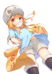  1girl :o absurdres arms_behind_back blonde_hair blue_shirt blush child flag flat_cap full_body hat hataraku_saibou highres open_mouth platelet_(hataraku_saibou) shirt short_sleeves shorts solo standing whistle whistle_around_neck wind wind_lift yellow_eyes 