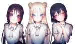  3girls :3 arms_at_sides asobi_asobase black_hair black_skirt blonde_hair blue_eyes blush breasts brown_eyes closed_mouth collared_shirt double_bun eyebrows_visible_through_hair glasses head_tilt highres honda_hanako large_breasts long_hair looking_at_viewer low_twintails multiple_girls necktie nomura_kasumi olivia_(asobi_asobase) own_hands_together pleated_skirt school_uniform semi-rimless_eyewear shirt short_sleeves simple_background skirt smile tsiox twintails under-rim_eyewear violet_eyes white_background white_shirt wing_collar 