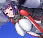  1girl aircraft airplane armored_bodysuit bad_id bad_pixiv_id bangs blush bodysuit bracelet breasts crescent crescent_moon_pin framed_breasts frameless glass glasses hanging_breasts headset huge_breasts impossible_bodysuit impossible_clothes jewelry kawasaki_c-2 lights looking_at_viewer mc_axis mecha_musume microphone multicolored multicolored_bodysuit multicolored_clothes navel open_mouth personification purple_hair red_bodysuit red_glasses shiny shiny_clothes short_hair simple_background skin_tight smile solo thick_eyebrows vuccha white_bodysuit wings yellow_eyes 